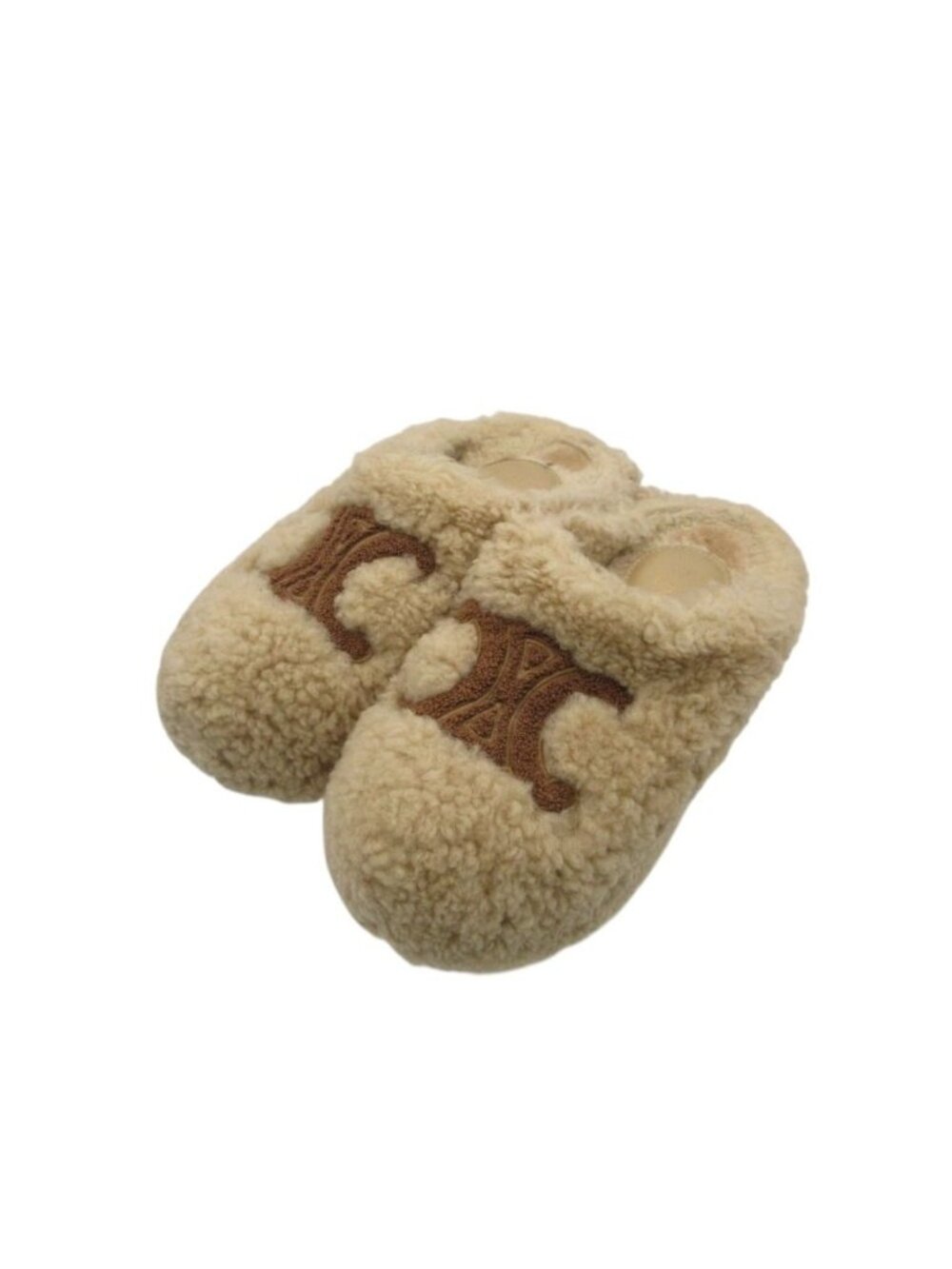 Celine Sandals Fleece Platform Triomphe Logo Shearling Slippers Shoes Brown